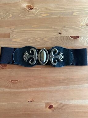 Black Elastic Waist Belt with Antique Gold Decorative Metal Buckle 70 cm